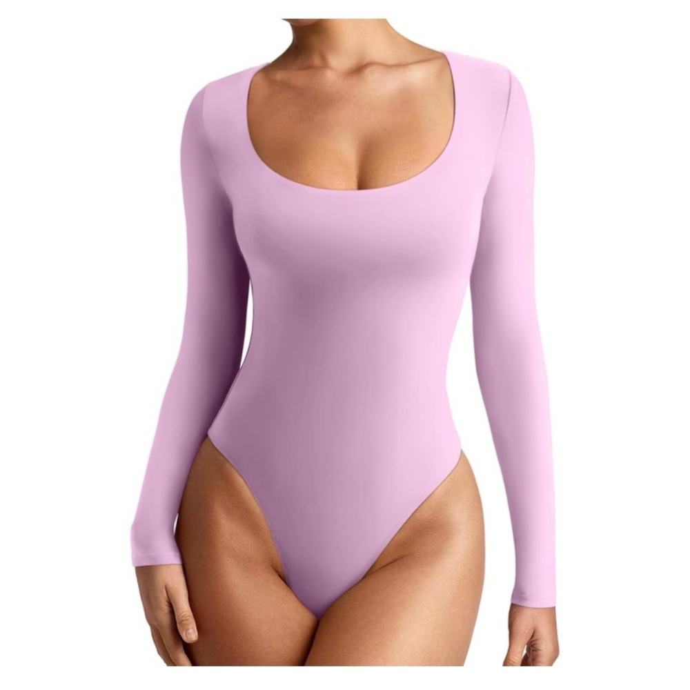 Women's Sexy Basic Scoop Neck Long Sleeve Double Lined Layering Slim Bodysuit